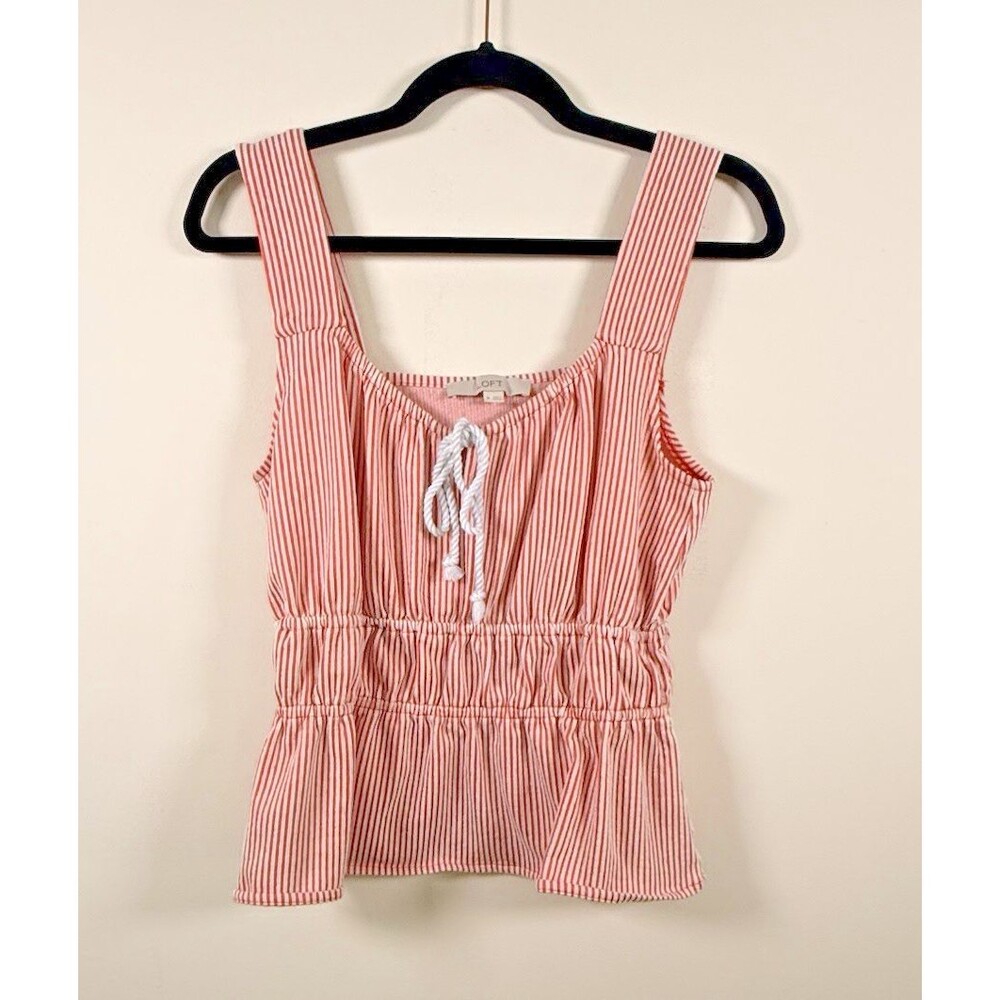 LOFT Womens Red/White Striped Smocked Square Neck Tie Front Tank Top - M